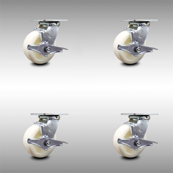 5 Inch Stainless Steel Nylon Caster Set with Ball Bearings and Brake/Swivel Lock